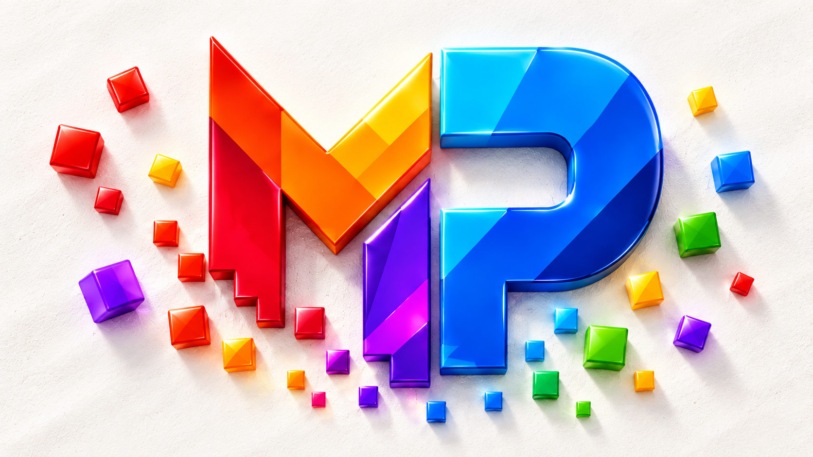 Glossy multicolor Mad Pixels MP symbol surrounded by floating pixel cubes